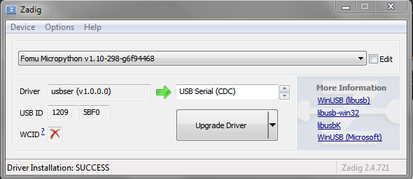 Setup of Zadig for updating USB port driver on Windows earlier than 10